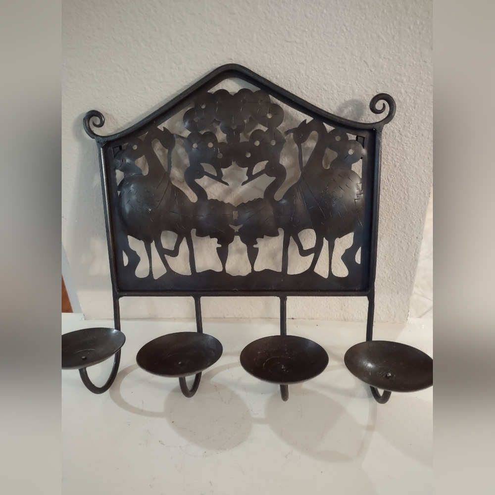 Vintage Metal Art Iron Wall Mount Candle Holder Figural Herons Cranes Flowers - Picture 4 of 9